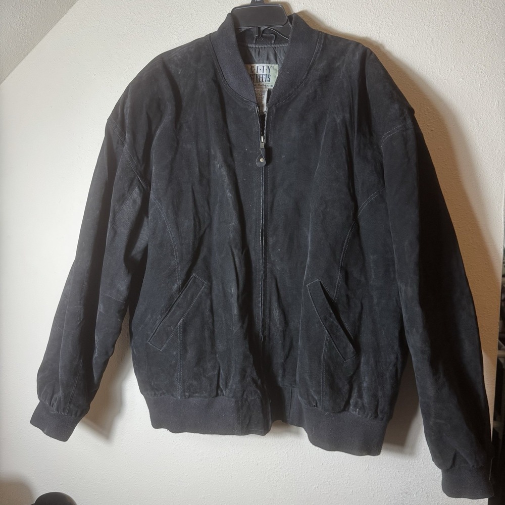 Vintage City Streets Black Genuine Leather Suede Bomber Jacket Men's 2XL Grunge